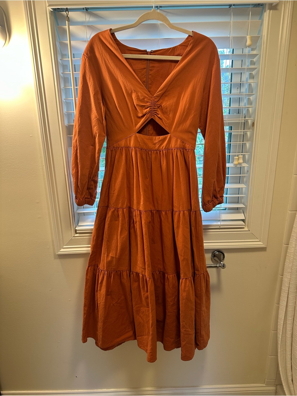 Madewell Rust Orange Tiered Midi Dress with Front Cutout Detail